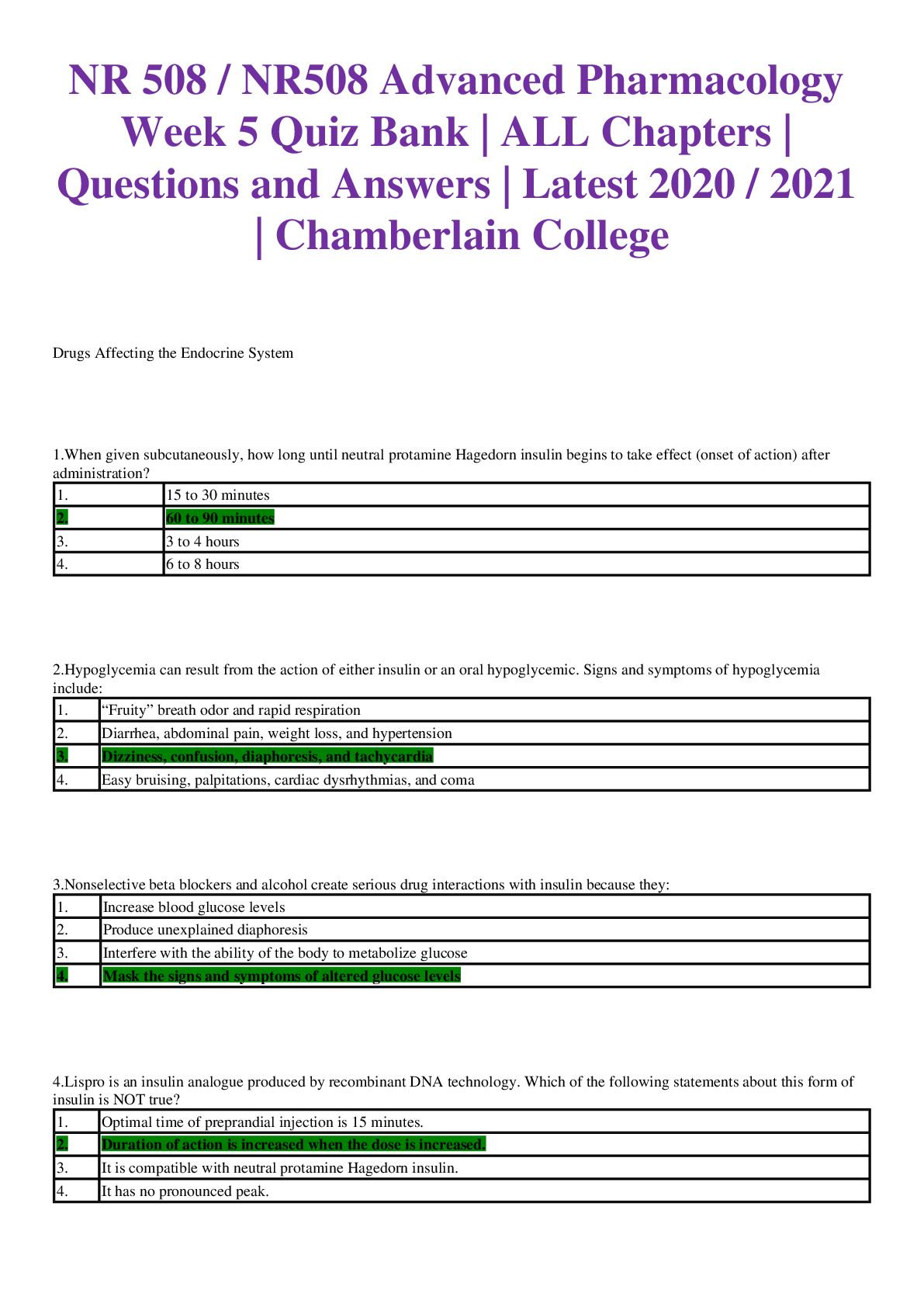 Preview of NR 508 / NR508 Advanced Pharmacology Week 5 Quiz Bank | ALL Chapters | Questions and Answe